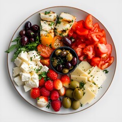 A colorful platter featuring grilled cheese, fresh tomatoes, olives, strawberries, and feta cheese.