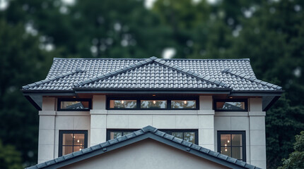 A light beige two-story house with a dark gray tiled roof, featuring multiple windows and a slightly visible second roofline. The house is set against a blurred background of dark green trees.