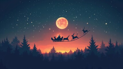 Naklejka premium Santa with reindeers flying