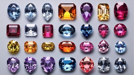 Collection of colorful gemstones arranged in a visually appealing grid display