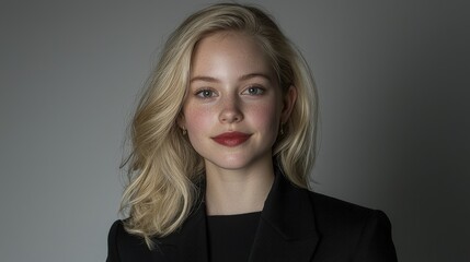 Obraz premium Young blonde woman wearing a black blazer looks directly at the camera against a neutral grey studio background.