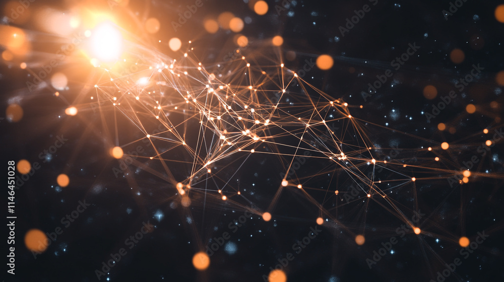 Poster digital network visualization with glowing connections in dark background.