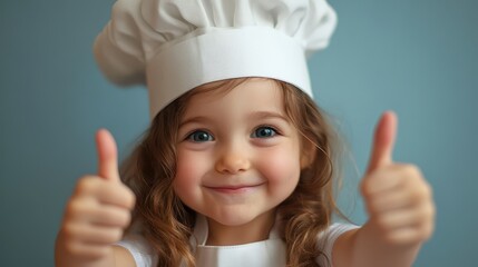 Little girl wearing a chef hat gives thumbs up with a joyful smile in a cozy setting