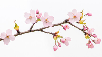 Fototapeta premium Soft pink branches of cherry blossoms on a white background.