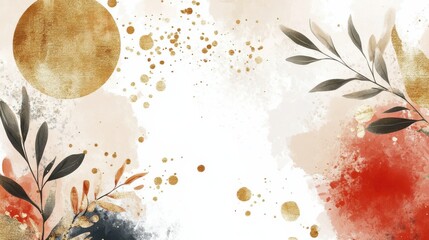 Winter background vector. Hand painted watercolor and gold brush texture, Flower and botanical leaves hand drawing. Abstract art design for wallpaper, wall arts, cover, wedding and. invite card.