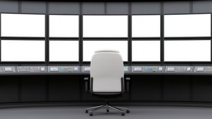 Conveyor belt airport automation system. A modern control room with a central white chair and multiple empty screens, designed for monitoring and managing activities.
