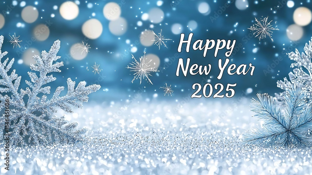 Poster luminous pastel blue and white new year 2025 backdrop with soft glowing sparkles and blank area for 