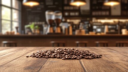 coffee beans scattered on a rustic wooden surface