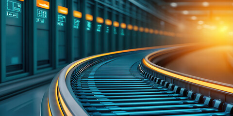 Conveyor belt airport automation system. A futuristic conveyor system illuminated by warm light, showcasing a sleek design and high-tech environment, hinting at advanced manufacturing or logistics.