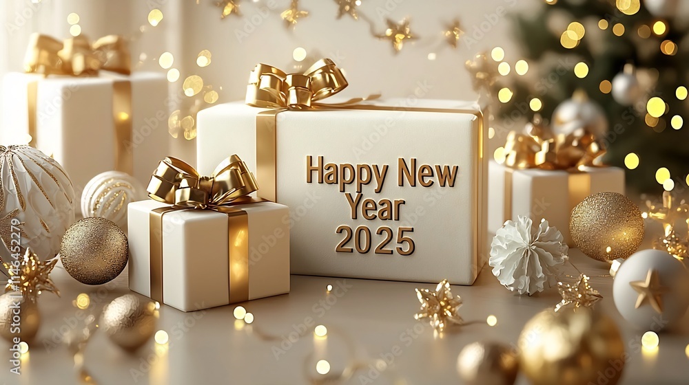 Poster minimalist and elegant happy new year 2025 setup with cream and beige accents subtle glowing highlig