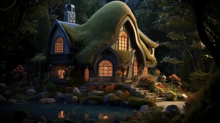 Obraz premium Charming Cottage Surrounded by Nature with Lush Garden and Enchanting Glow from Windows in Forest Setting at Twilight