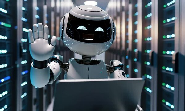 Funny cheerful white glossy robot talking and waving his hand in server room sitting with his laptop