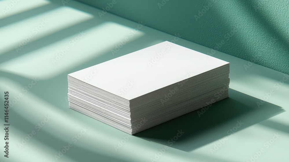 Poster modern business cards stacked neatly on a solid surface with shadows creating a unique pattern
