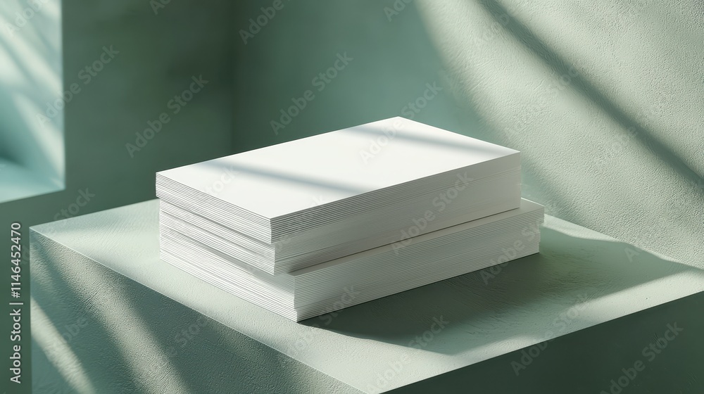 Poster modern business cards stacked neatly on a solid surface with soft shadows