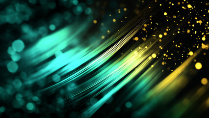 An abstract background with flowing wavy lines and glowing blue and yellow dots. The glossy finish and bokeh lights add depth and elegance, perfect for technology-inspired visuals.