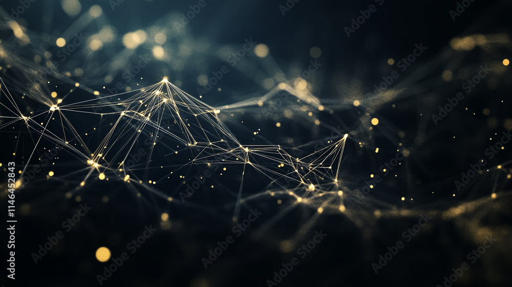 Poster visual representation of interconnected networks with golden particles.