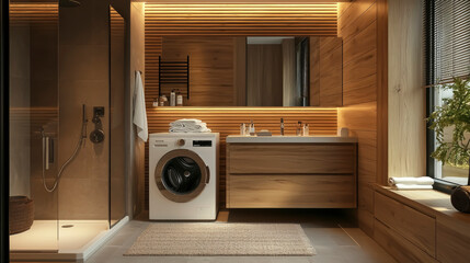 A sleek washing machine blends seamlessly into a contemporary bathroom, showcasing clean lines and elegant wooden accents, perfect for efficient laundry care