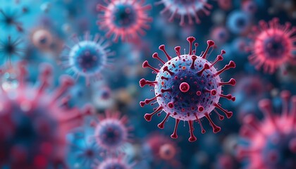 Fototapeta premium Microscopic Virus Cluster: A Detailed Blue and Red Viral Illustration