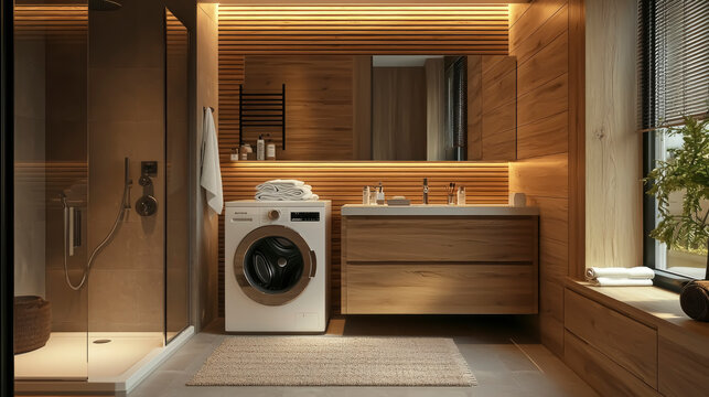 A sleek washing machine blends seamlessly into a contemporary bathroom, showcasing clean lines and elegant wooden accents, perfect for efficient laundry care