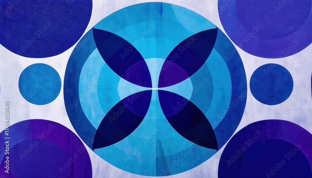 Poster vibrant geometric art with overlapping blue and purple circular patterns reflecting modern abstract 