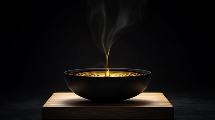 Golden light emanating from a dark bowl with smoke rising, on a wooden base, against a black background.