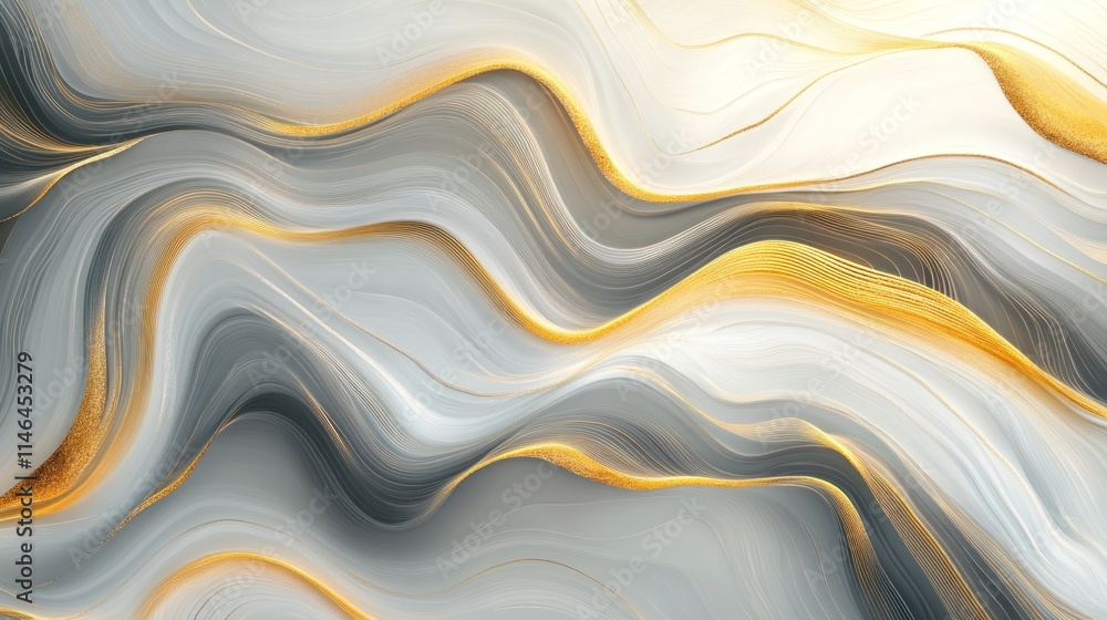 Poster abstract waves of gray and gold create a fluid, modern design.