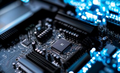 Fototapeta premium A close-up photograph of a computer processor. The photo was taken with a 50mm macro lens. The word 