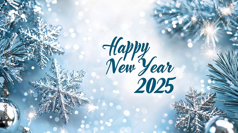 Poster serene and elegant new year 2025 with soft blue and white gradient background gentle sparkles and a 