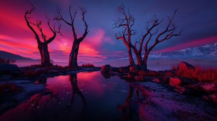 Obraz premium Vibrant sunrise reflecting on still water, barren trees, mountains.