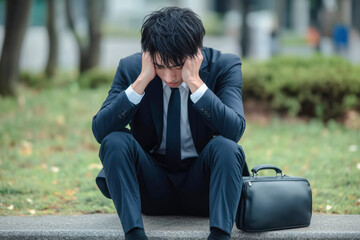 座り込んで悩み落ち込むスーツ姿の男性ビジネスマン