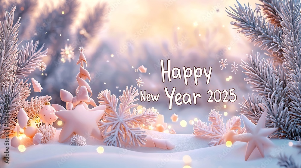 Poster soft pastel hued 3d cartoon happy new year 2025 scene with delicate light sparkles and an open secti