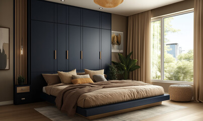 Modern Bedroom with Navy Accents and Cozy Design
