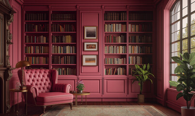 Elegant Pink Library with a Classic Wingback Chair