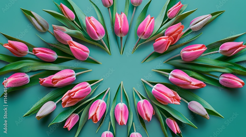 Poster artistic composition of tulips in a symmetrical pattern against a geometric backdrop, creative shot,