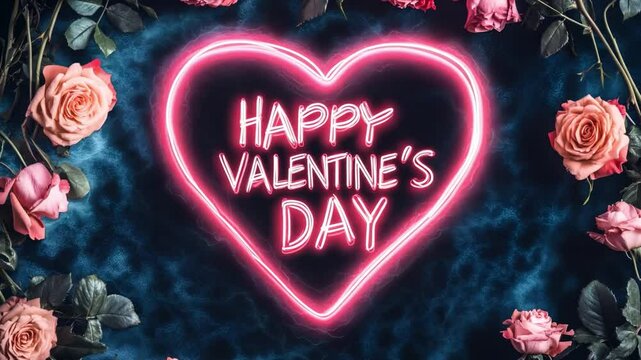 Happy Valentines Day neon sign surrounded by roses on a dark background