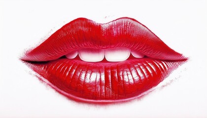Close-up of vibrant glossy red lips with detailed texture, sharp focus on white teeth and lip lines, perfect for beauty, cosmetics, makeup promotion, sensuality, or artistic poster design