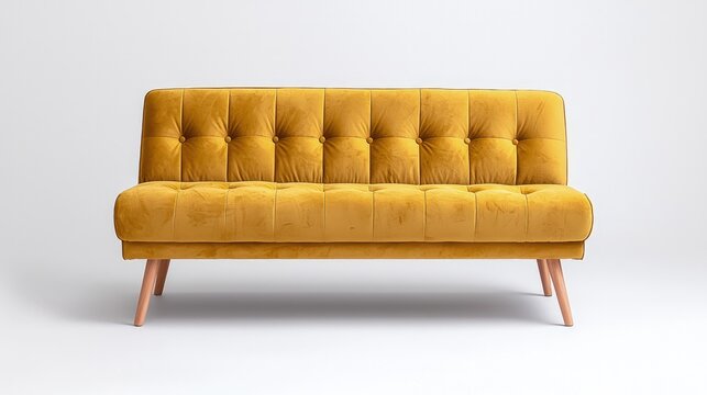 Mustard yellow velvet sofa on white background.