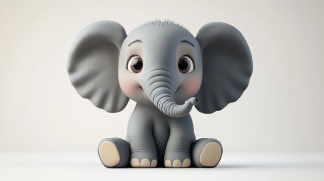 Cute cartoon elephant sitting on a white background with a joyful expression