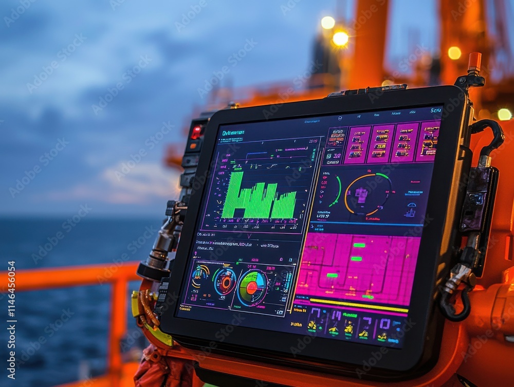 Poster high-tech control panel displaying data at offshore facility.