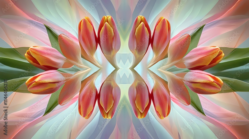 Poster artistic composition of tulips in a symmetrical pattern against a geometric backdrop, creative shot,
