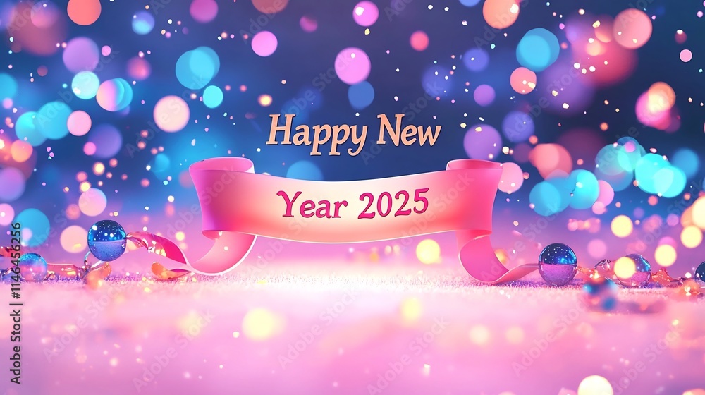 Poster whimsical and playful 3d cartoon new year 2025 with soft pastel rainbow colors glowing bokeh effects
