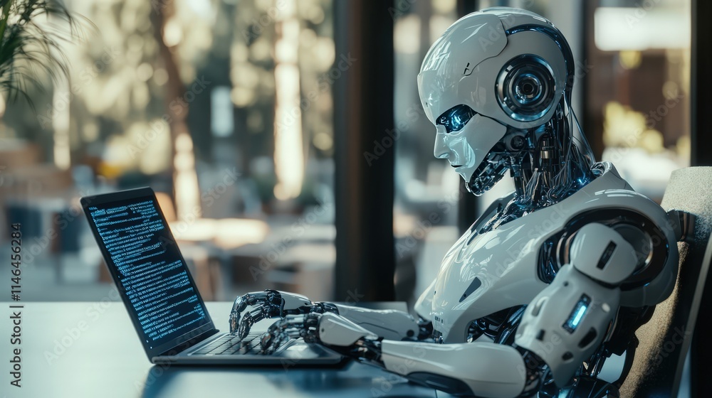 Poster humanoid robot working on laptop, coding.
