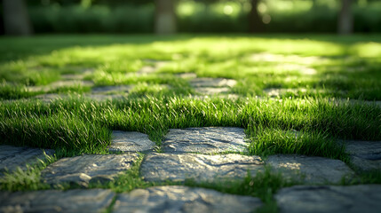 Naklejka premium Stone Path 3D Illustration Green Grass Sunlight