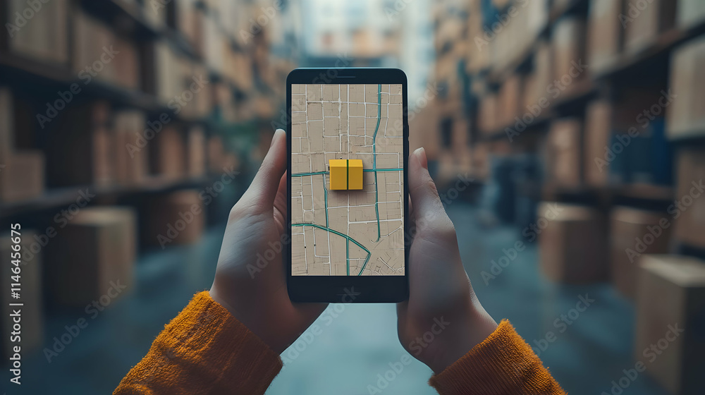 Poster a person holding a smartphone displaying a map in a warehouse setting.
