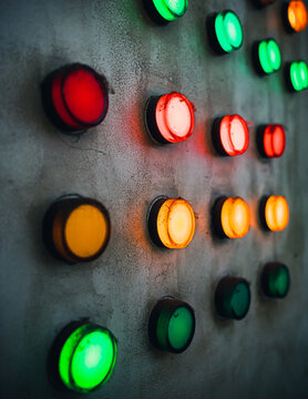 Array of red, green and yellow industrial signal lamp indicators on old and rustic electrical power control center panel