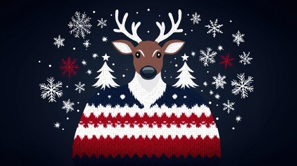 Fototapeta premium Reindeer wearing a cozy winter sweater surrounded by snowflakes on a dark background.