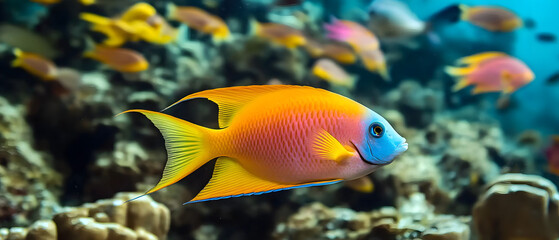 Schools of colorful fish gracefully navigate through coral reefs, showcasing the dynamic harmony of marine life.
