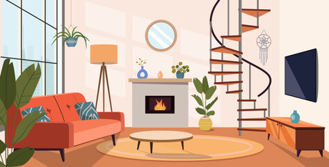 Living room interior. Comfortable sofa, window,  fireplace,spiral staircase and house plants. Vector flat cartoon illustration