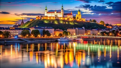 Naklejka premium Bratislava Night Photography: Danube River, Castle, Old Town, City Lights, Night View, Illuminated Buildings, Scenic, Slovakia