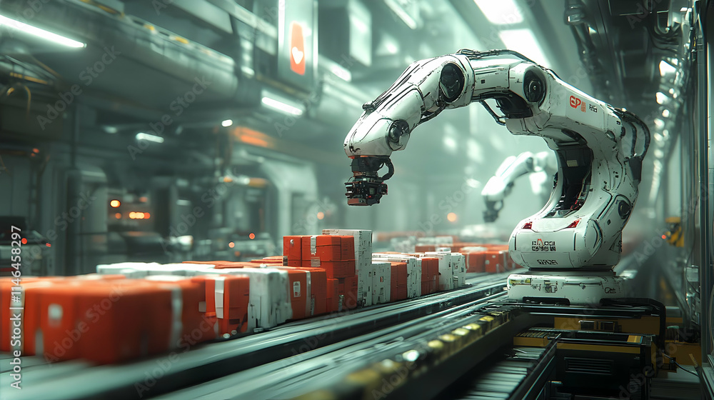 Aufkleber a robotic arm operates in a factory, sorting and handling packages on a conveyor belt.
